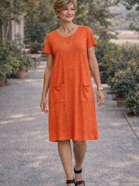 Eileen Fisher Hemp Cotton Pocket Dress Orange Coral